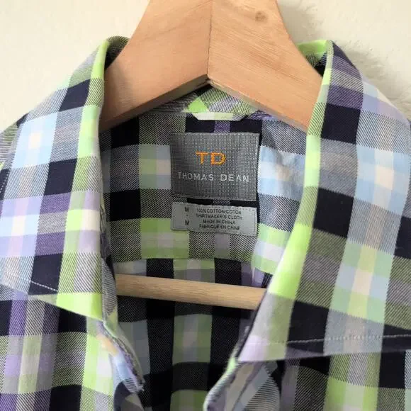 Thomas Dean Men's Short Sleeve Button-Down Shirt Medium Blue Green Collared - Picture 7 of 8